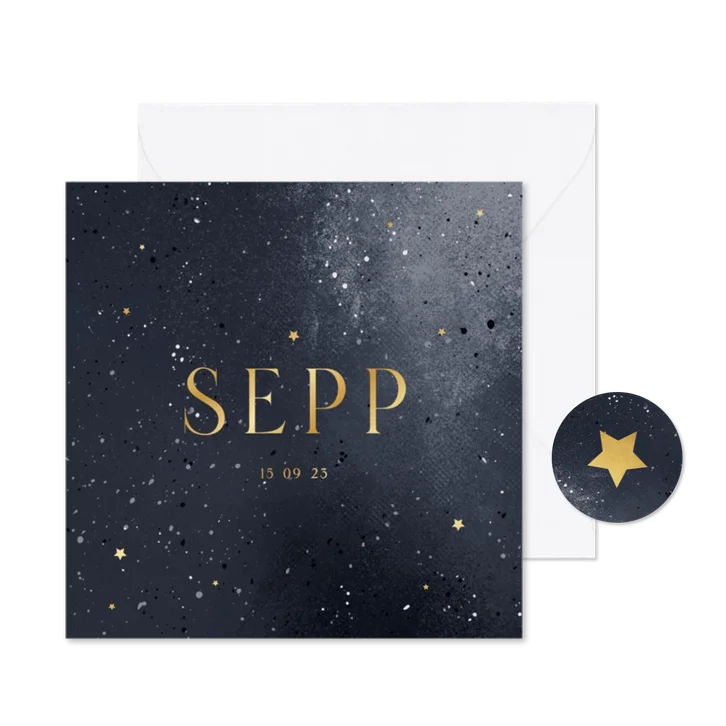 Geboortekaartje stijlvol stoer galaxy waterverf sterren goud