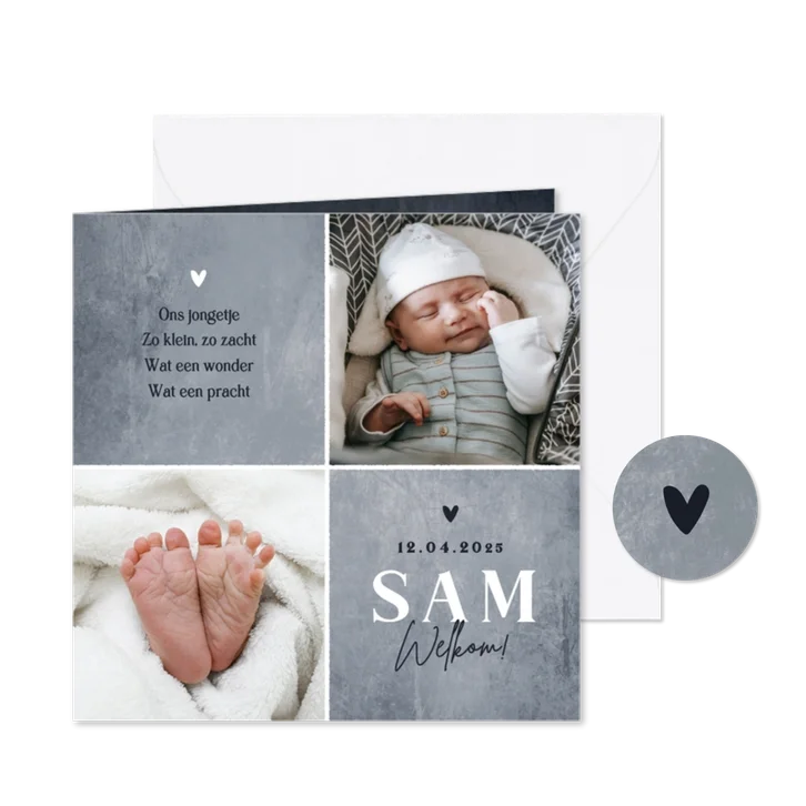 Geboortekaartje stoer betonlook foto hartjes