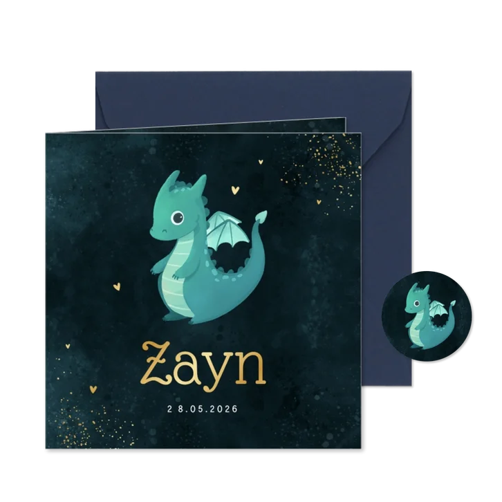 Geboortekaartje stoer draakje donkerblauw hartjes goud