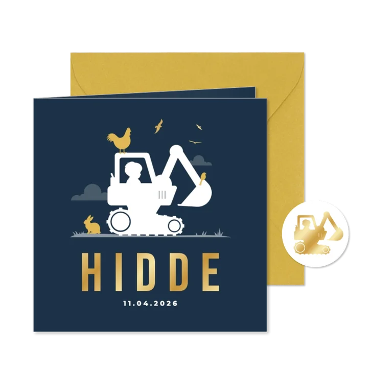 Geboortekaartje stoer graafmachine boerderij dieren silhouet