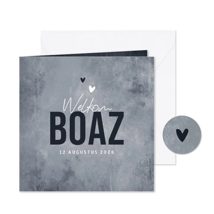Geboortekaartje stoer jongen betonlook grijs hartjes