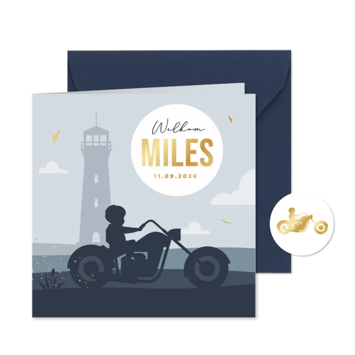 Geboortekaartje stoer jongen motor silhouet zee strand