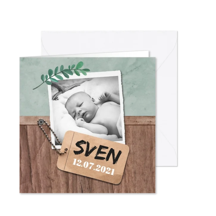 Geboortekaartje stoer met hout en label