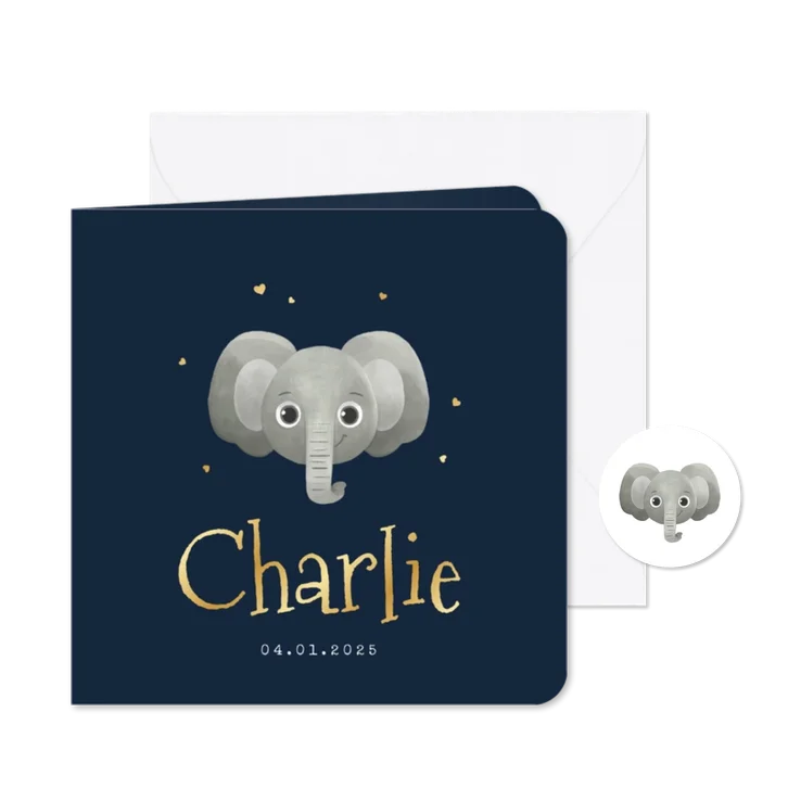 Geboortekaartje stoer olifant hoofdje hartjes goud