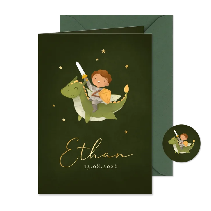 Geboortekaartje stoer ridder held draak sprookje