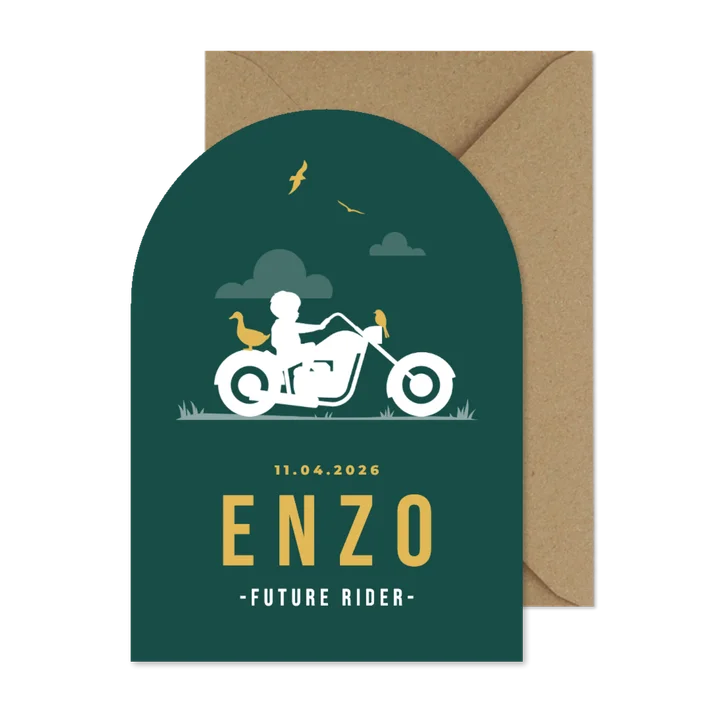 Geboortekaartje stoer silhouet motor jongen vogels