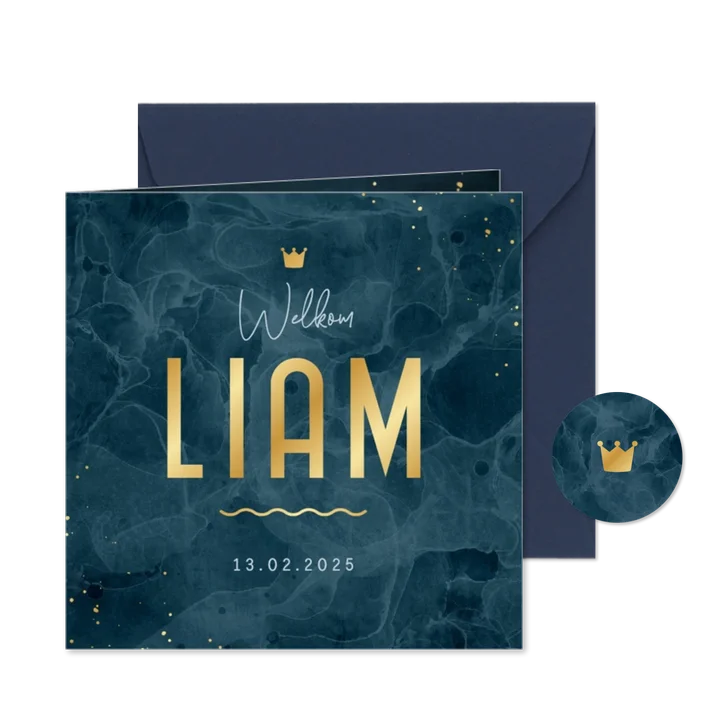 Geboortekaartje stoer stijlvol goud kroontje blauw verf