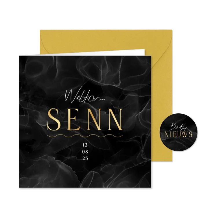 Geboortekaartje stoer stijlvol zwart marmer minimalistisch
