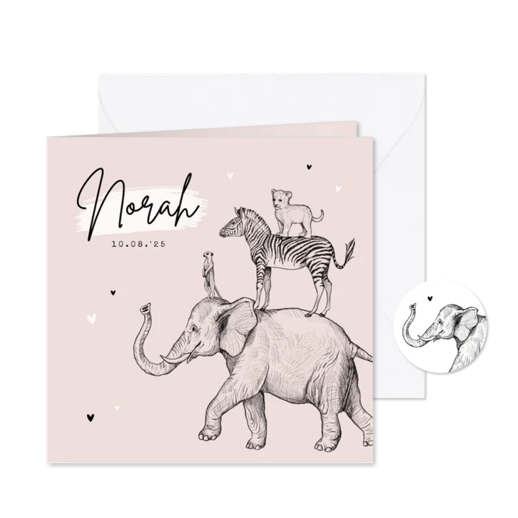 Geboortekaartje stokstaartje olifant leeuw zebra jungle