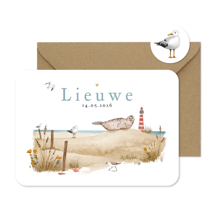 Geboortekaartje strand dieren vuurtoren zee vogels schelpen