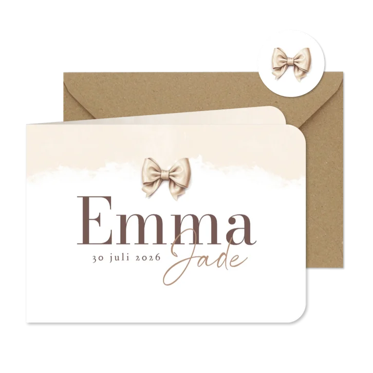 Geboortekaartje strikje vintage waterverf beige