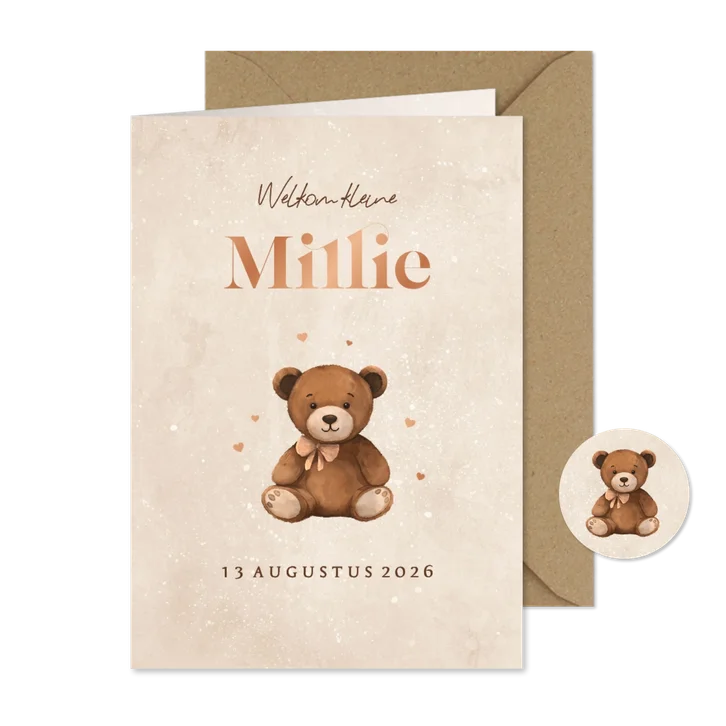 Geboortekaartje teddybeertje hartjes neutraal koper