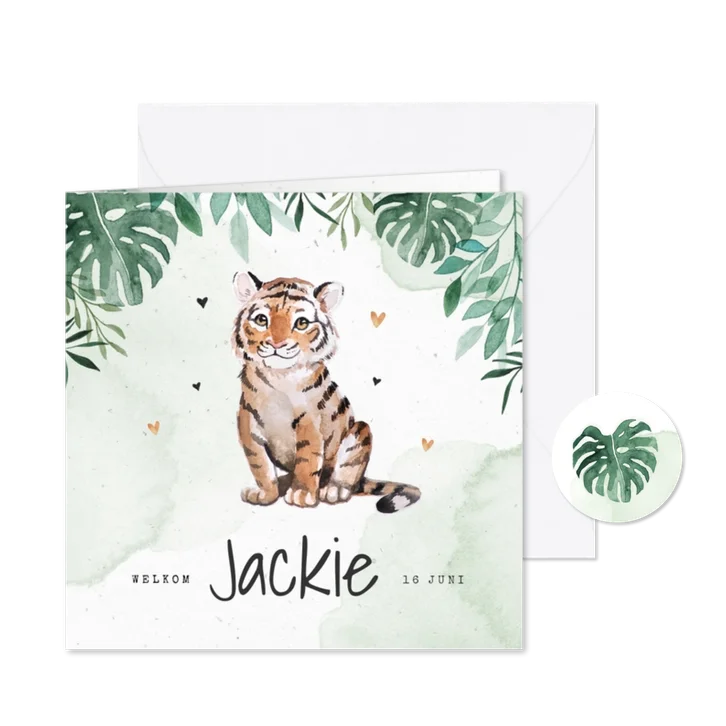 Geboortekaartje tijger jungle botanisch waterverf