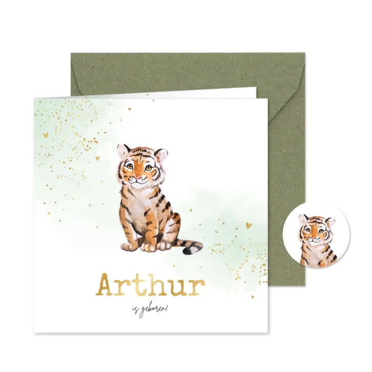 Geboortekaartje tijgertje waterverf groen goud hartjes