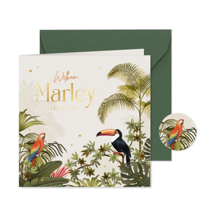 Geboortekaartje toekan jungle vogels papegaai hartjes