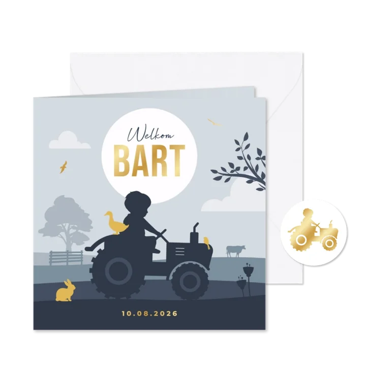 Geboortekaartje tractor boerderij silhouet landschap stoer