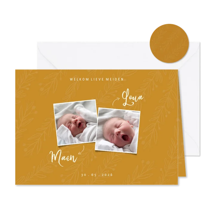 Geboortekaartje trendy oker tweeling met foto's en takjes
