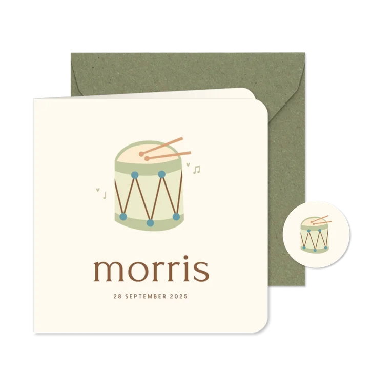 Geboortekaartje trommel stokjes muzieknootjes groen