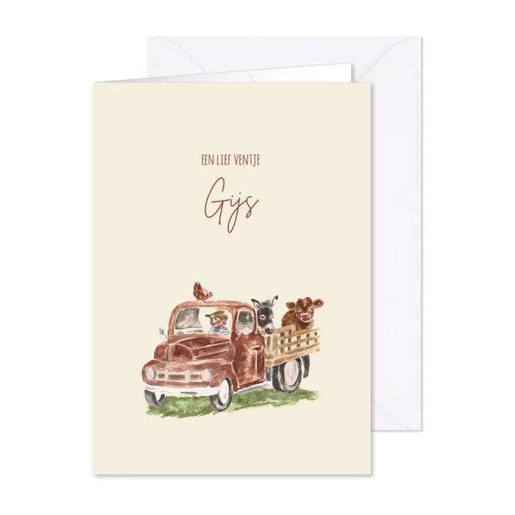 Geboortekaartje truck met boerderij dieren en een jongetje