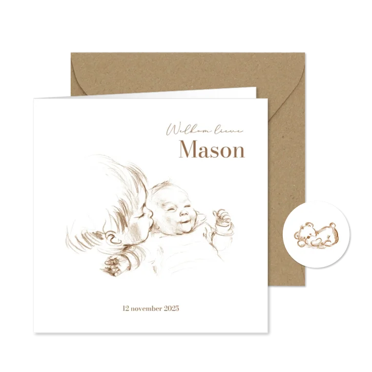 Geboortekaartje tweede kindje pentekening sepia