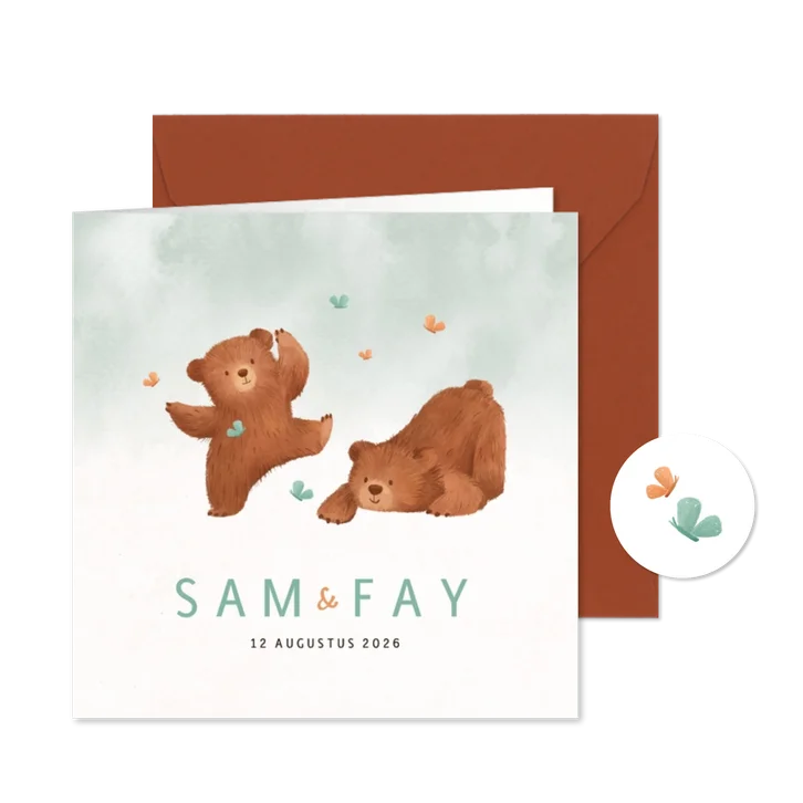 Geboortekaartje tweeling beren waterverf vlinders dieren