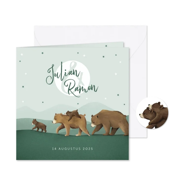 Geboortekaartje tweeling dieren beren familie sterren