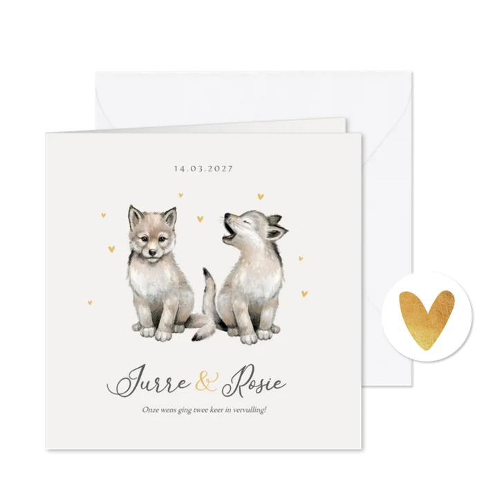 Geboortekaartje tweeling dieren wolfjes hartjes goud
