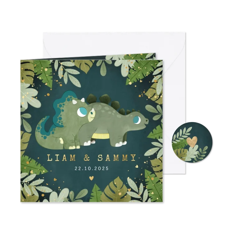 Geboortekaartje tweeling dino's jungleplantjes en hartjes