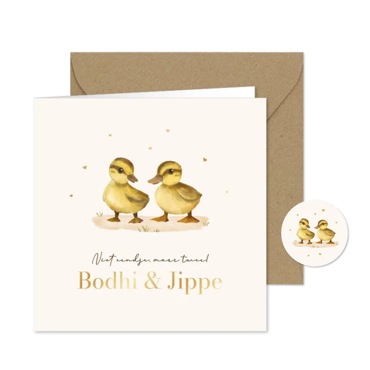 Geboortekaartje tweeling eendjes lief goud hartjes