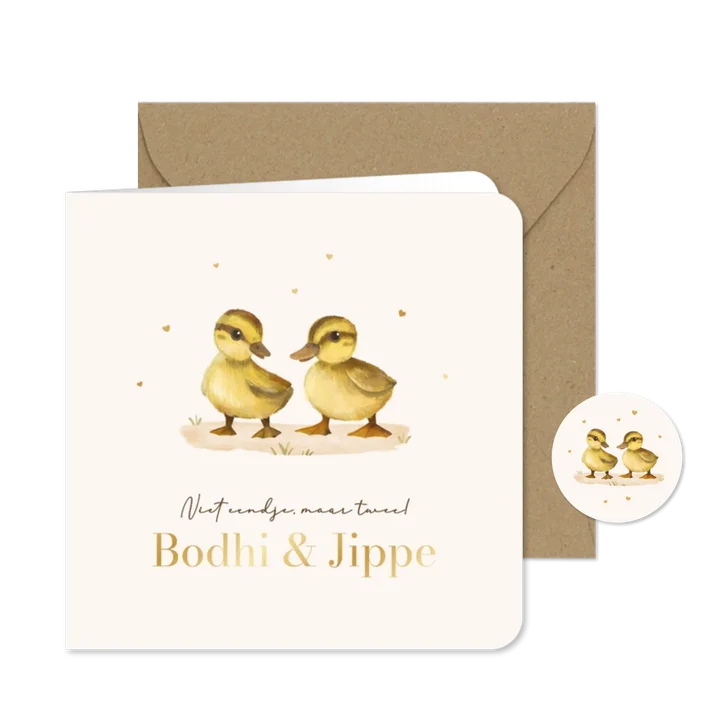 Geboortekaartje tweeling eendjes lief goud hartjes
