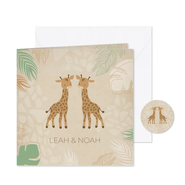 Geboortekaartje tweeling groene blaadjes met giraf