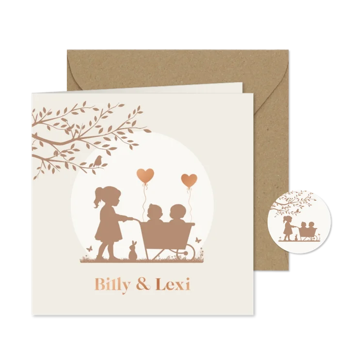 Geboortekaartje tweeling in kruiwagen met zusje