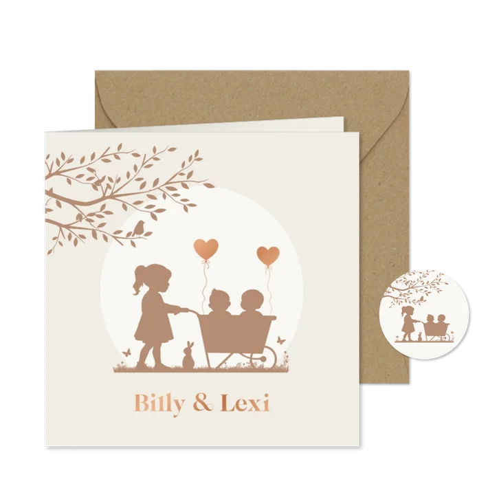 Geboortekaartje tweeling in kruiwagen met zusje 