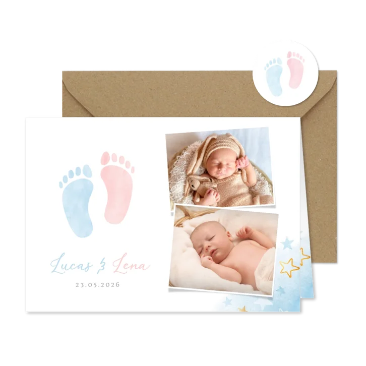 Geboortekaartje tweeling jongen meisje voetjes en foto's