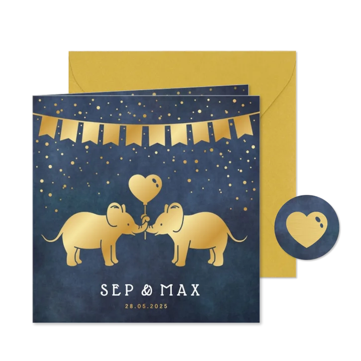 Geboortekaartje tweeling jongens twee gouden olifantjes 