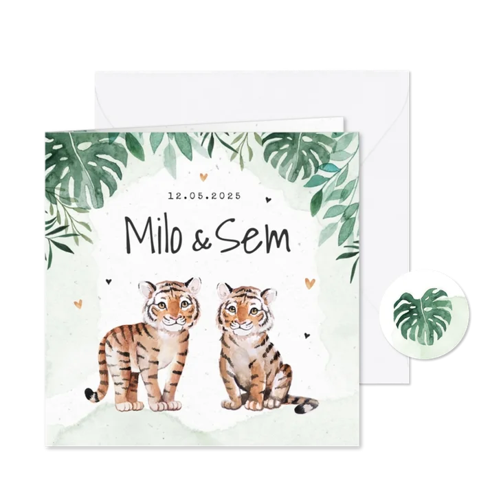 Geboortekaartje tweeling jungle tijger waterverf groen 
