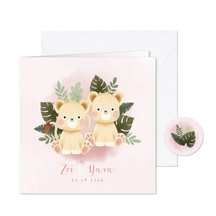 Geboortekaartje tweeling meisje leeuwtjes en junglebladeren