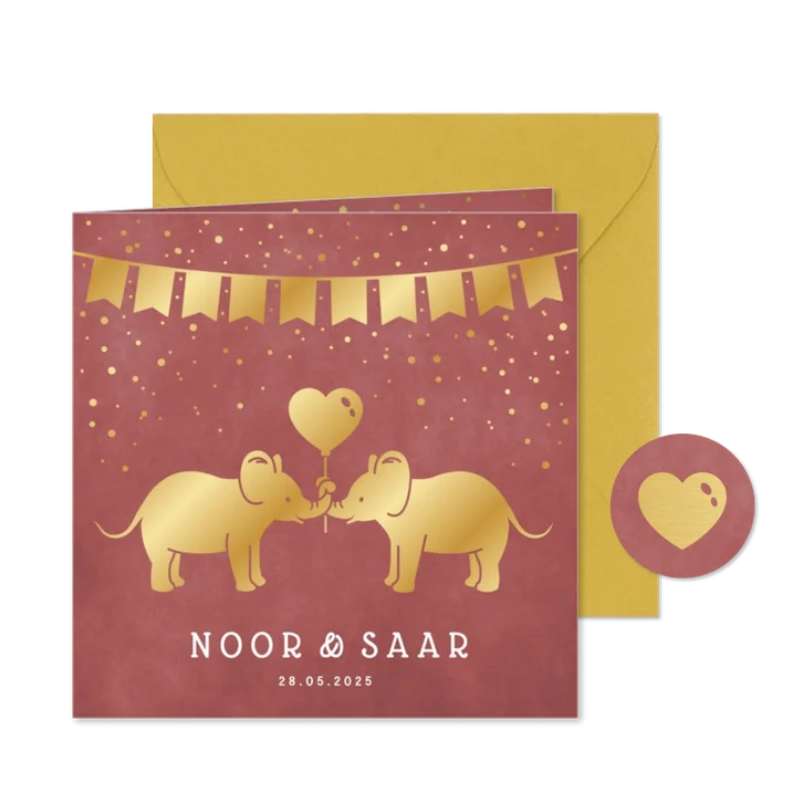 Geboortekaartje tweeling meisjes met 2 gouden olifantjes
