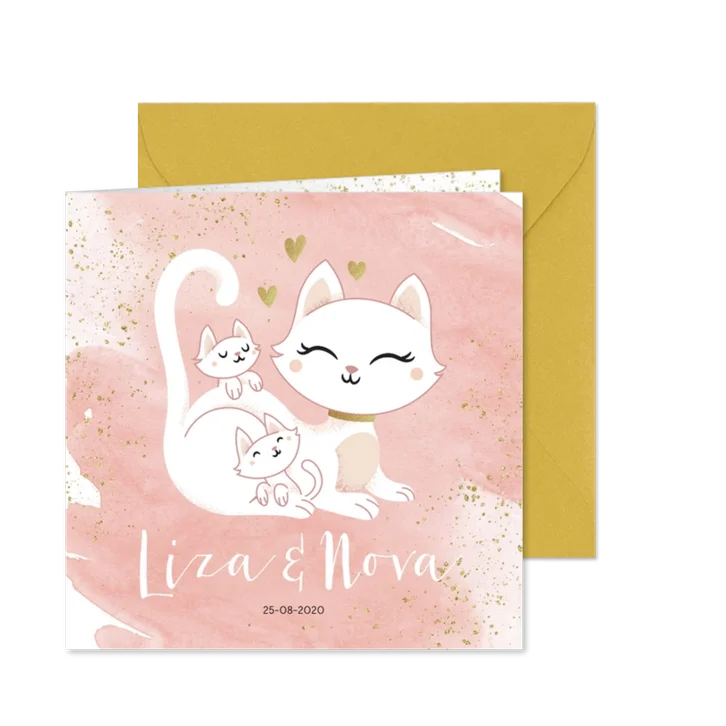 Geboortekaartje tweeling meisjes poesje kat kitten waterverf