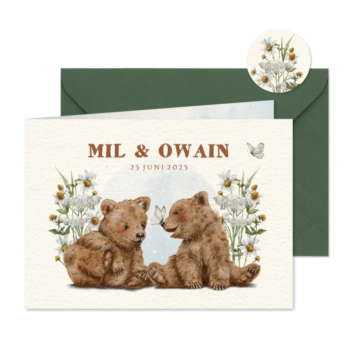 Geboortekaartje tweeling met beertjes en vlinders in bloemen