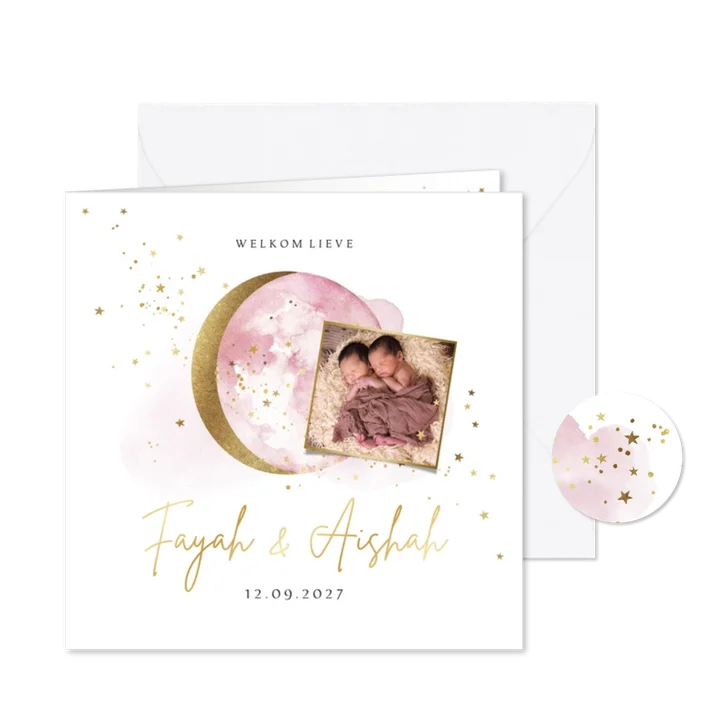 Geboortekaartje tweeling met foto maan en sterren in goud