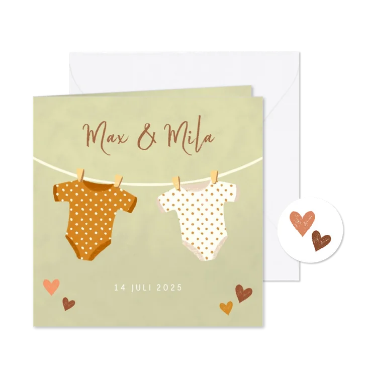 Geboortekaartje tweeling met rompertjes