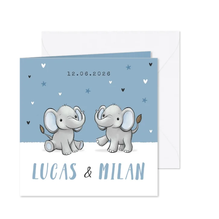 Geboortekaartje tweeling olifantjes blauw jongen sterren