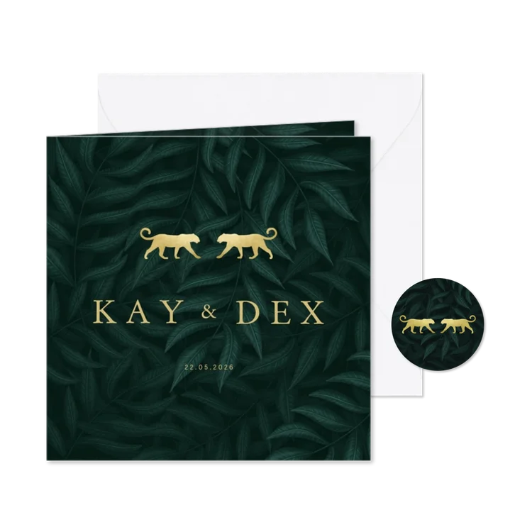 Geboortekaartje tweeling panters goud met jungle bladeren