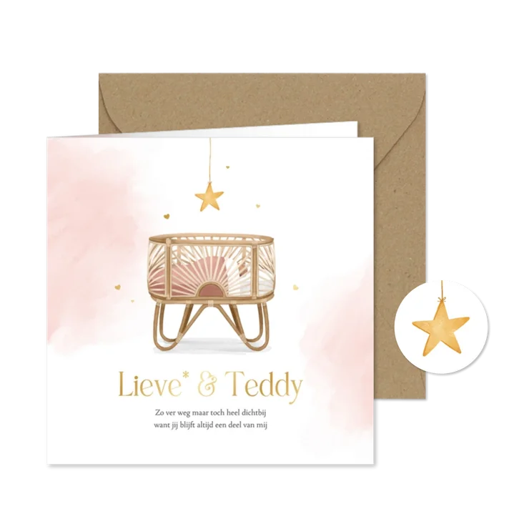 Geboortekaartje tweeling rotan wiegje sterretje hartjes goud