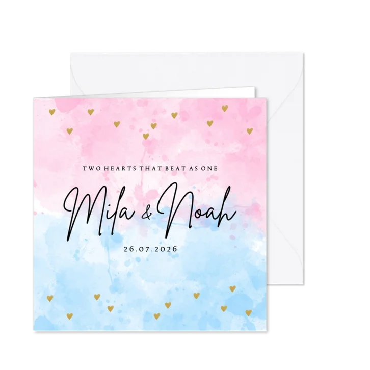 Geboortekaartje tweeling roze blauw waterverf hartjes