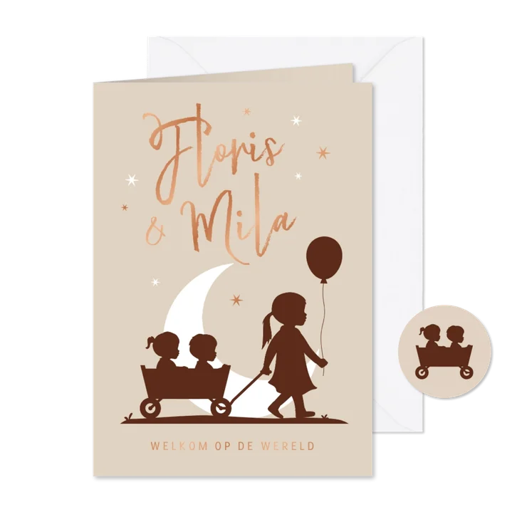 Geboortekaartje tweeling silhouet maan bolderkar zus