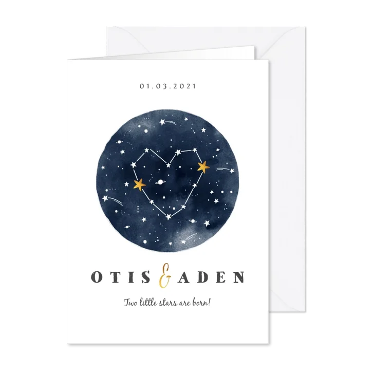 Geboortekaartje tweeling universum met sterren 