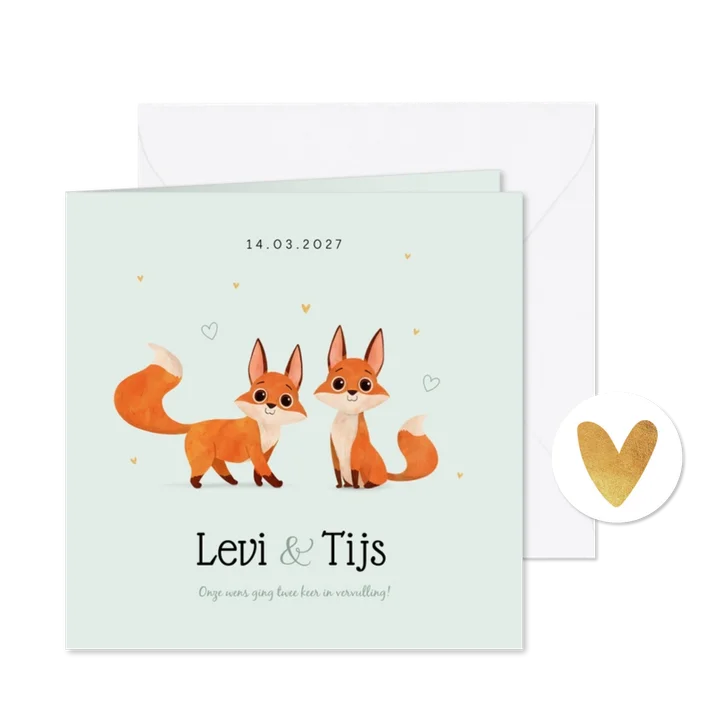 Geboortekaartje tweeling vosjes hartjes goud