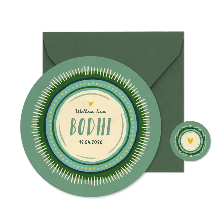 Geboortekaartje uniek bohemian in cirkelvorm groen kader